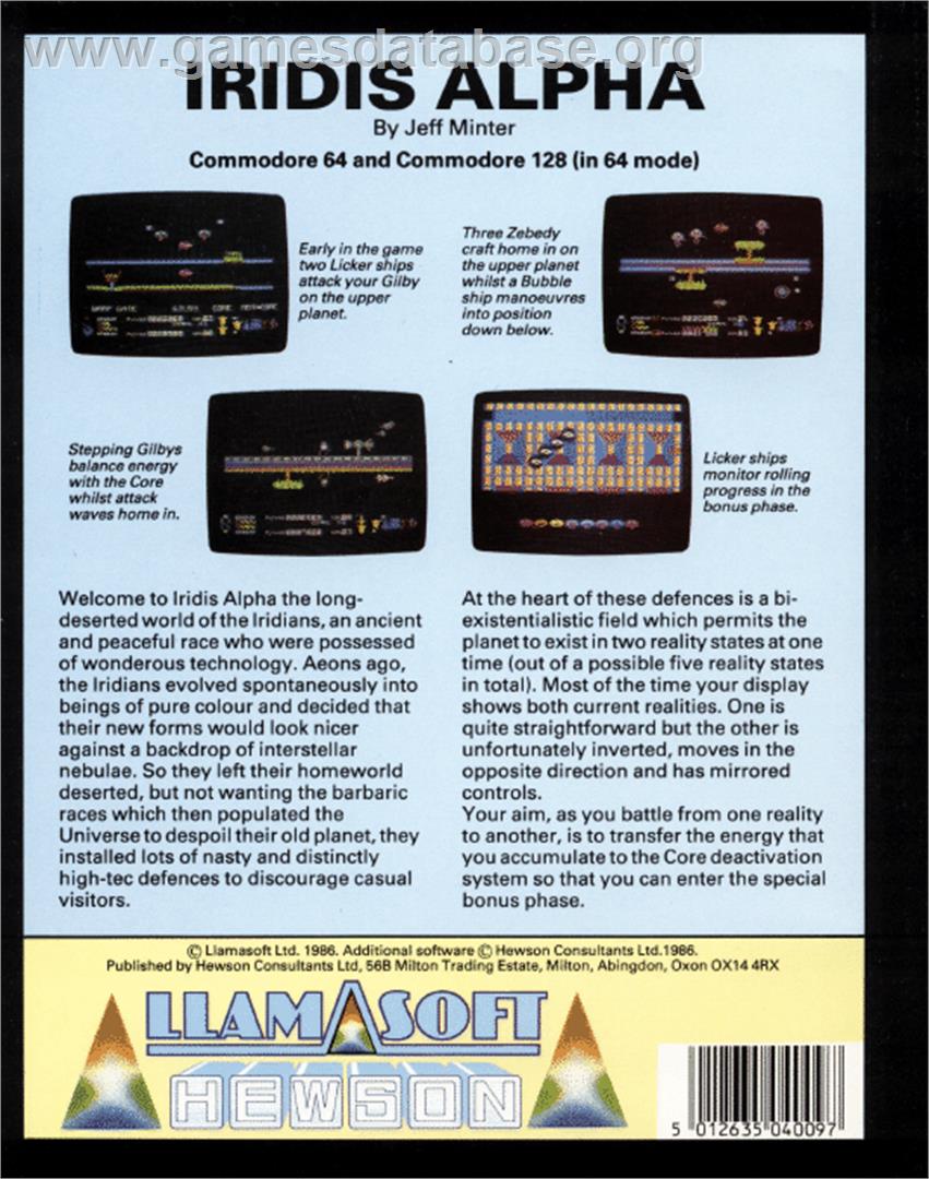 Iridis Alpha - Commodore 64 - Artwork - Box Back