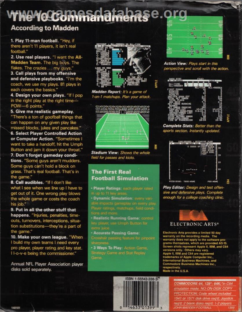 John Madden Football - Commodore 64 - Artwork - Box Back