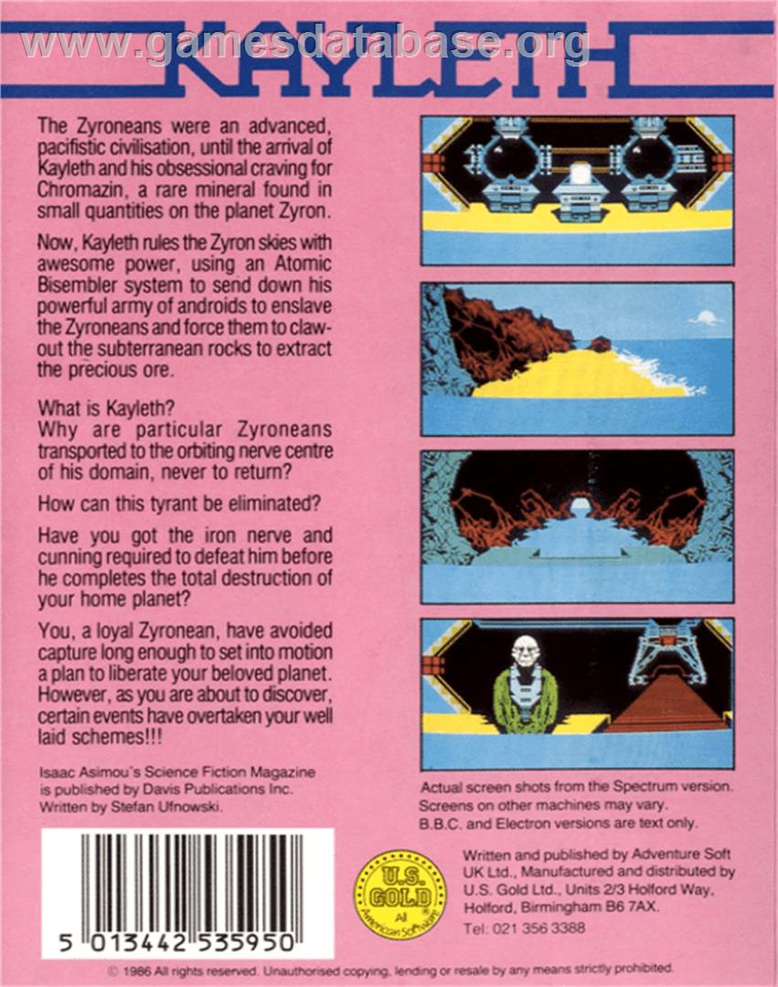 Kayleth - Commodore 64 - Artwork - Box Back