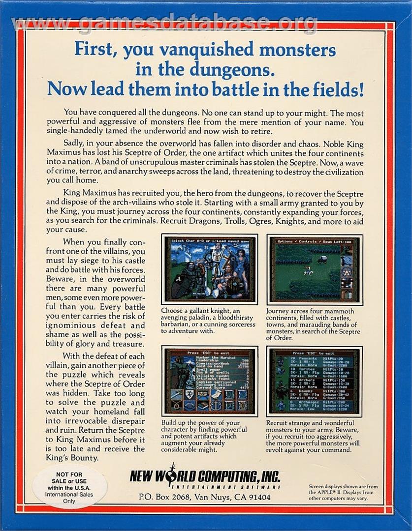 King's Bounty - Commodore 64 - Artwork - Box Back