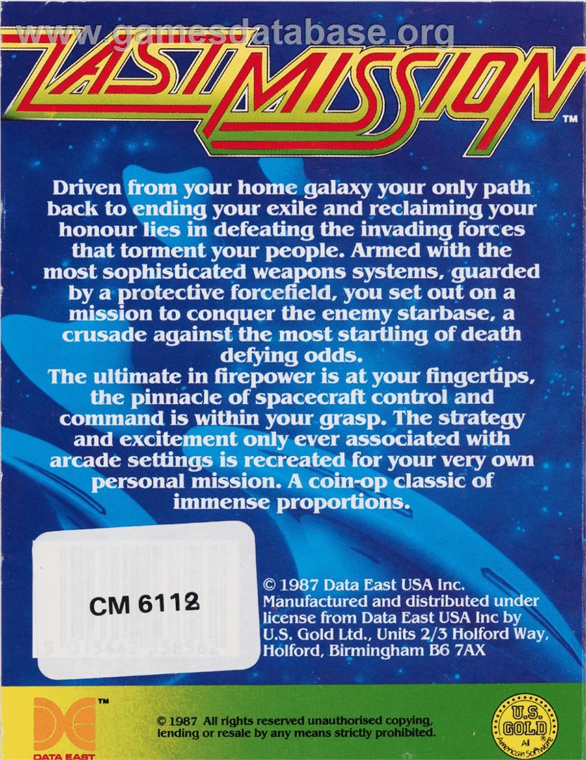 Last Mission (Data East) - Commodore 64 - Artwork - Box Back