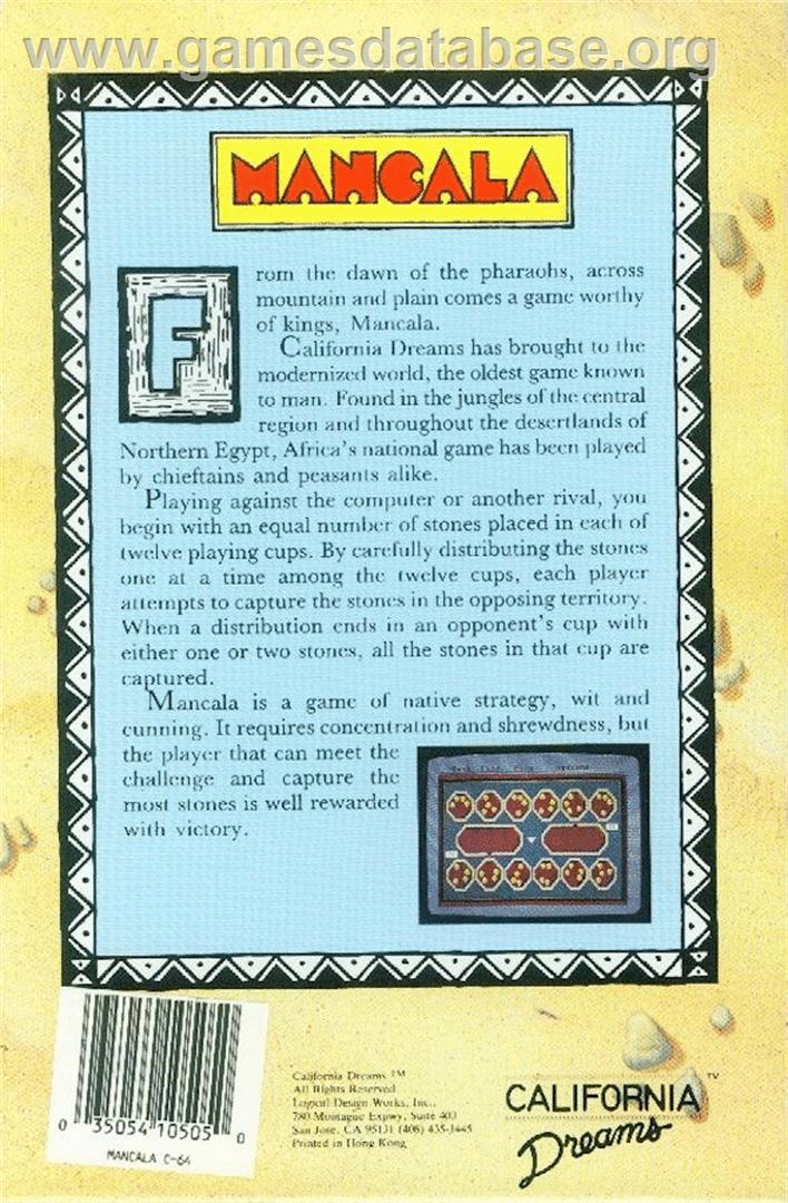 Mancala (California Dreams) - Commodore 64 - Artwork - Box Back
