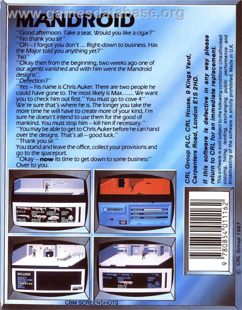 Mandroid - Commodore 64 - Artwork - Box Back