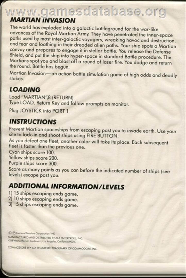 Martian Invasion - Commodore 64 - Artwork - Box Back