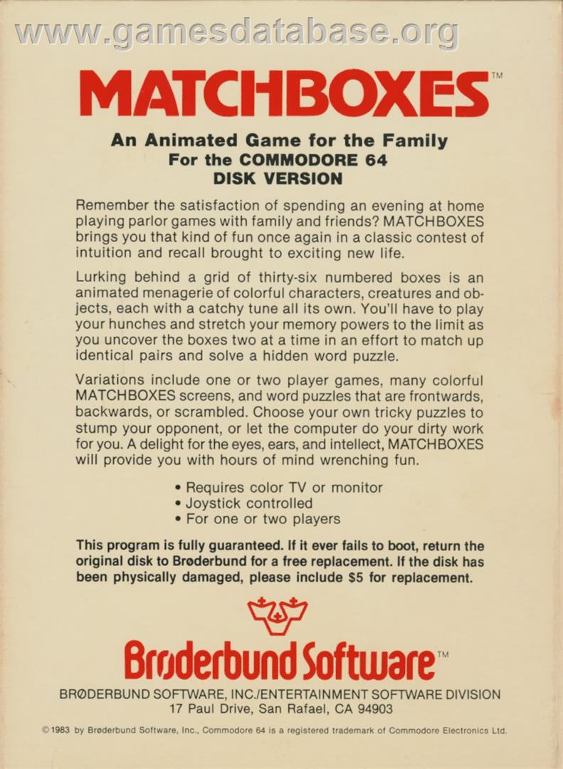 Matchboxes - Commodore 64 - Artwork - Box Back