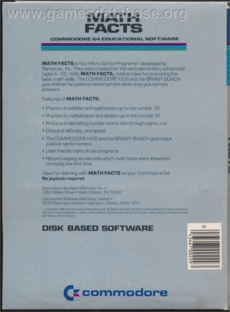 Math Facts (Loadstar) - Commodore 64 - Artwork - Box Back