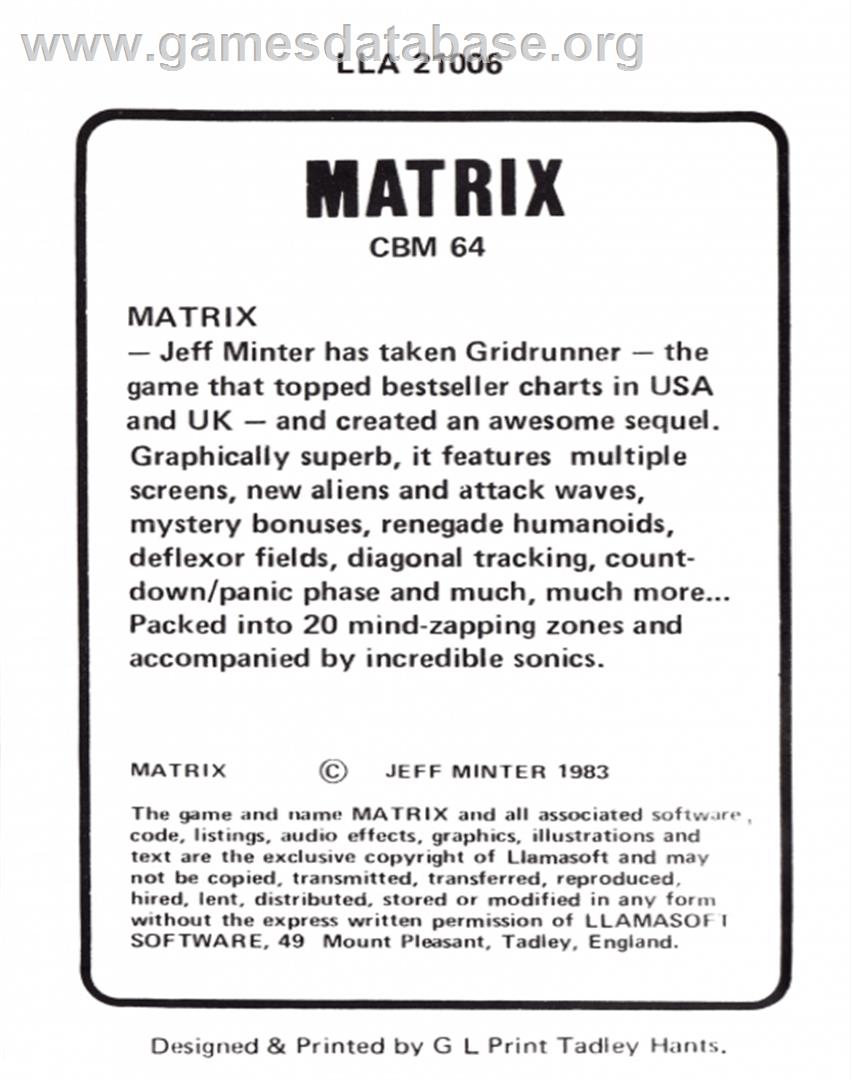 Matrix (UpTime) - Commodore 64 - Artwork - Box Back