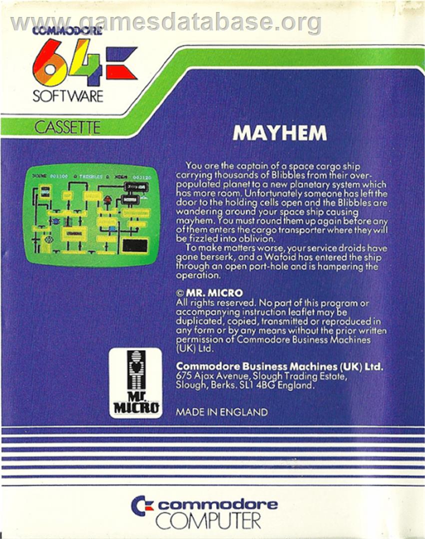 Mayhem (Mr. Micro) - Commodore 64 - Artwork - Box Back