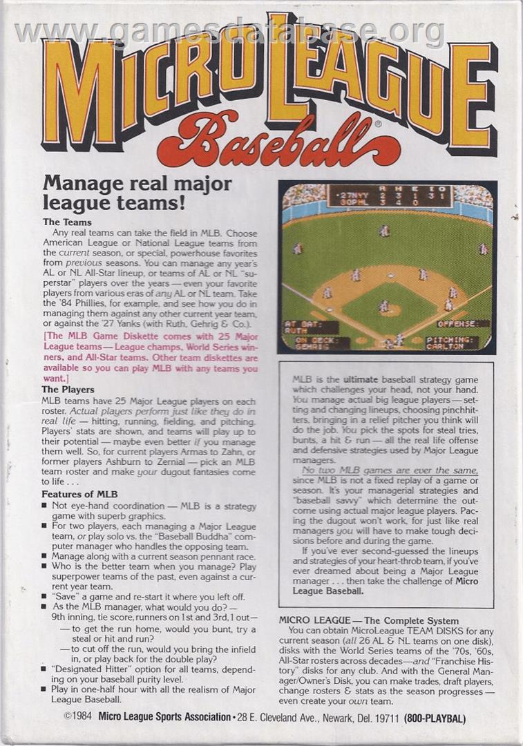 MicroLeague Baseball - Commodore 64 - Artwork - Box Back