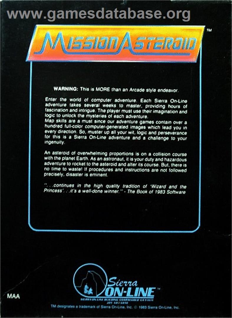 Mission Asteroid - Commodore 64 - Artwork - Box Back