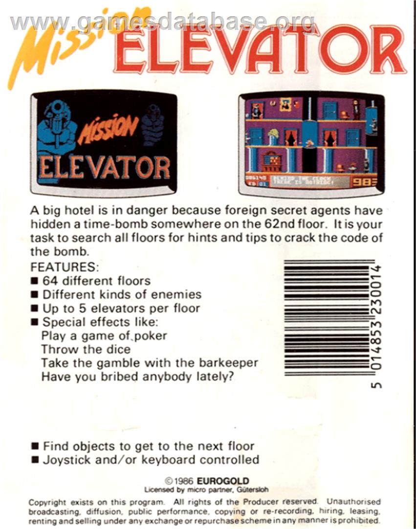 Mission Elevator - Commodore 64 - Artwork - Box Back