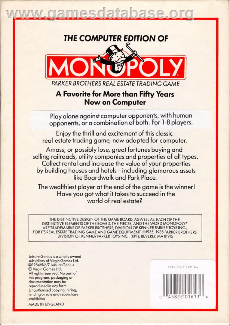 Monopoly (Dracula Software) - Commodore 64 - Artwork - Box Back