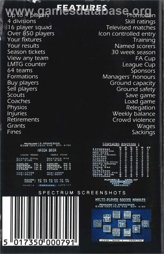Multi-player Soccer Manager - Commodore 64 - Artwork - Box Back