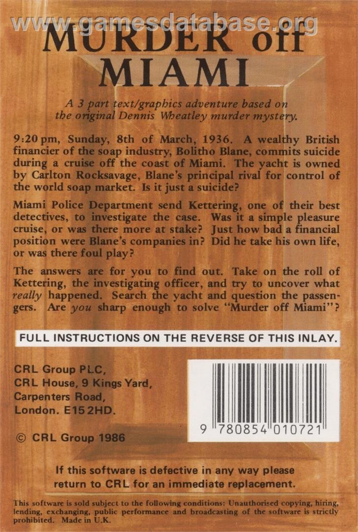 Murder Off Miami - Commodore 64 - Artwork - Box Back