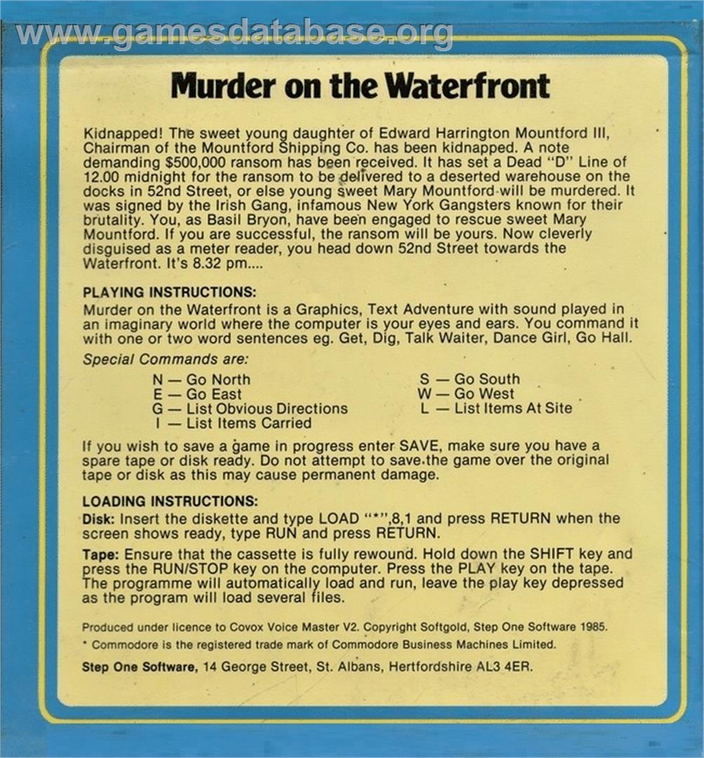 Murder On The Waterfront - Commodore 64 - Artwork - Box Back