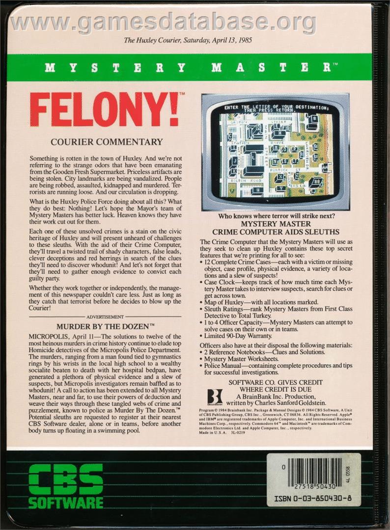 Mystery Master: Felony! - Commodore 64 - Artwork - Box Back