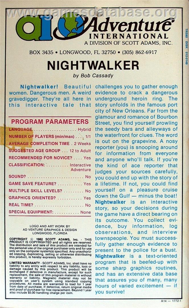 Nightwalker - Commodore 64 - Artwork - Box Back