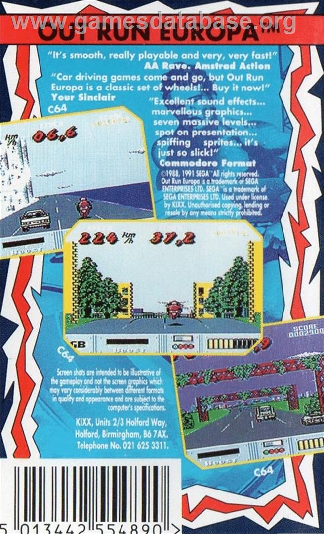 Out Run Europa - Commodore 64 - Artwork - Box Back