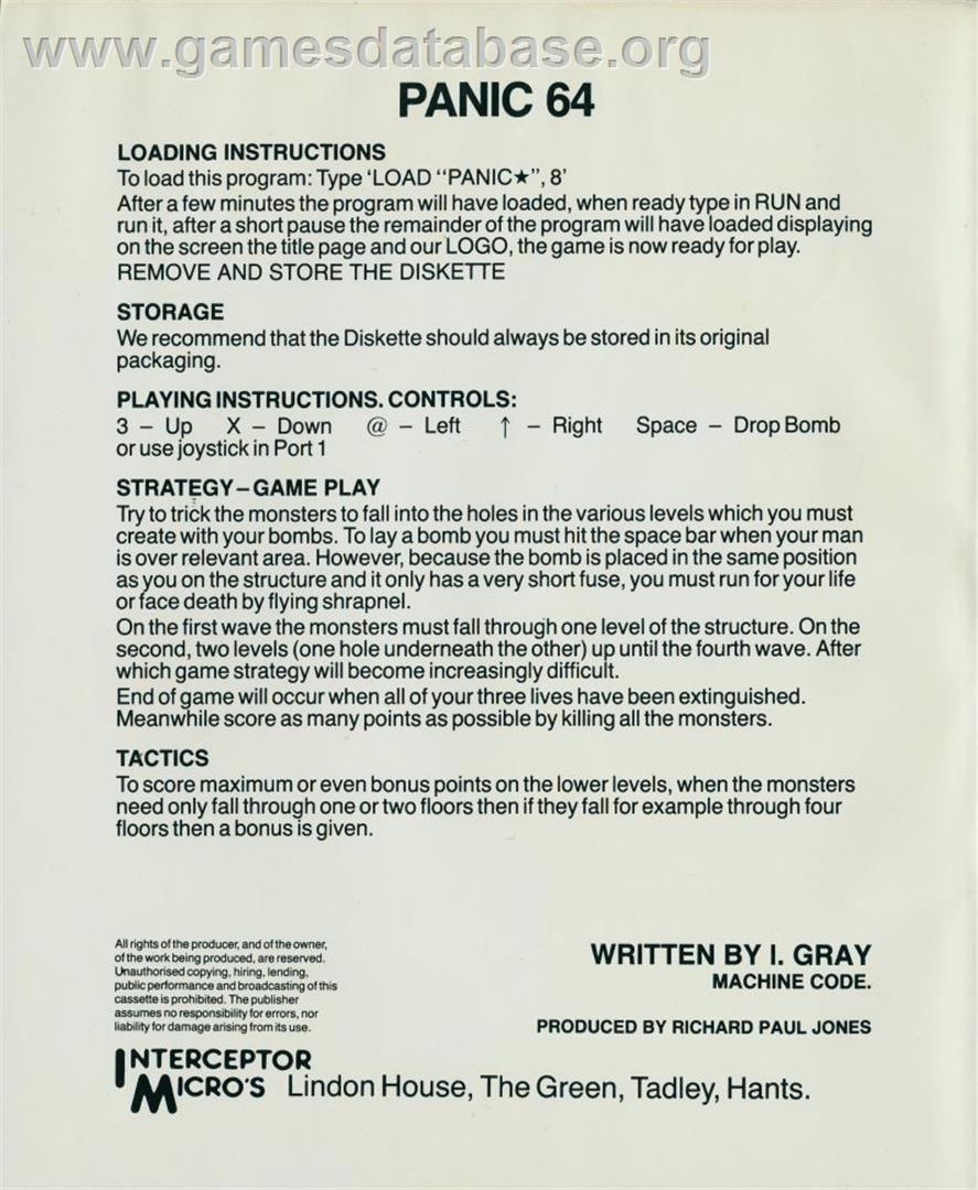 Panic 64 - Commodore 64 - Artwork - Box Back