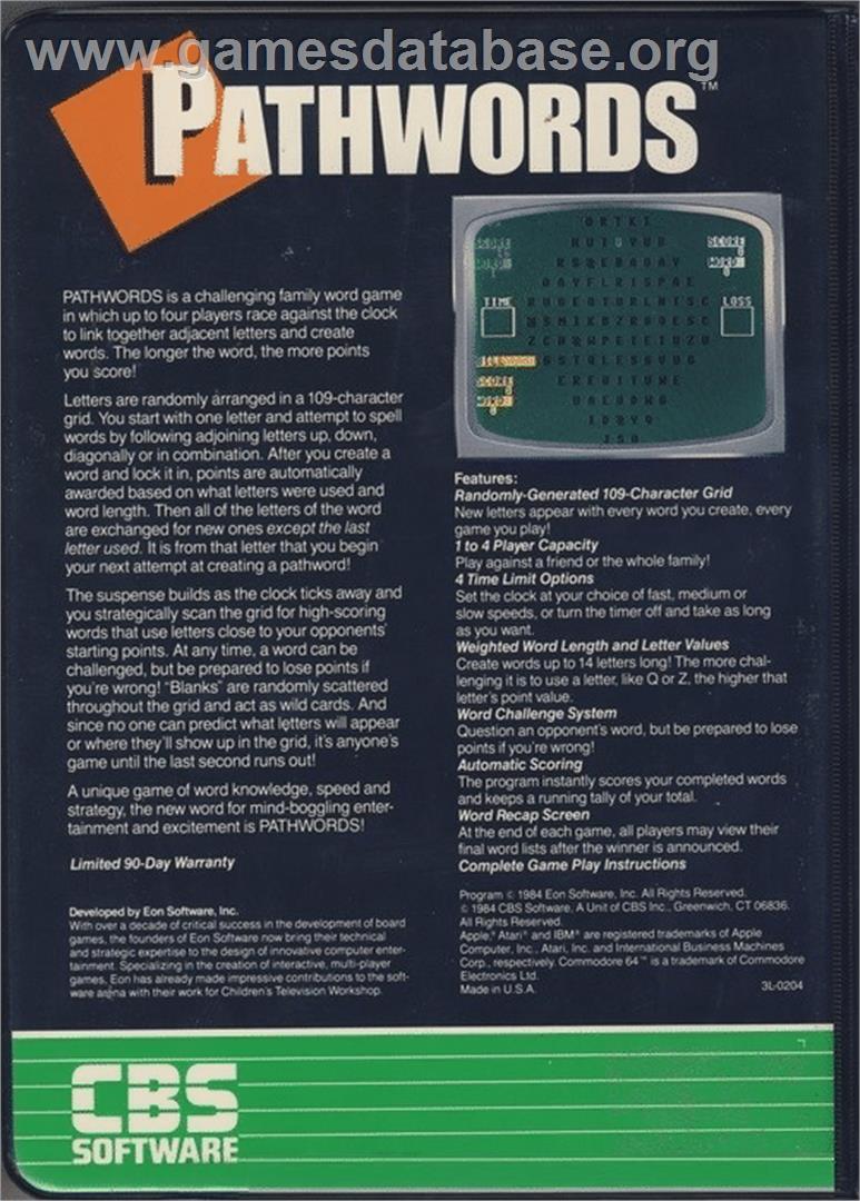 Pathwords - Commodore 64 - Artwork - Box Back