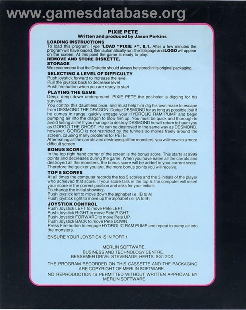 Pixie Pete - Commodore 64 - Artwork - Box Back