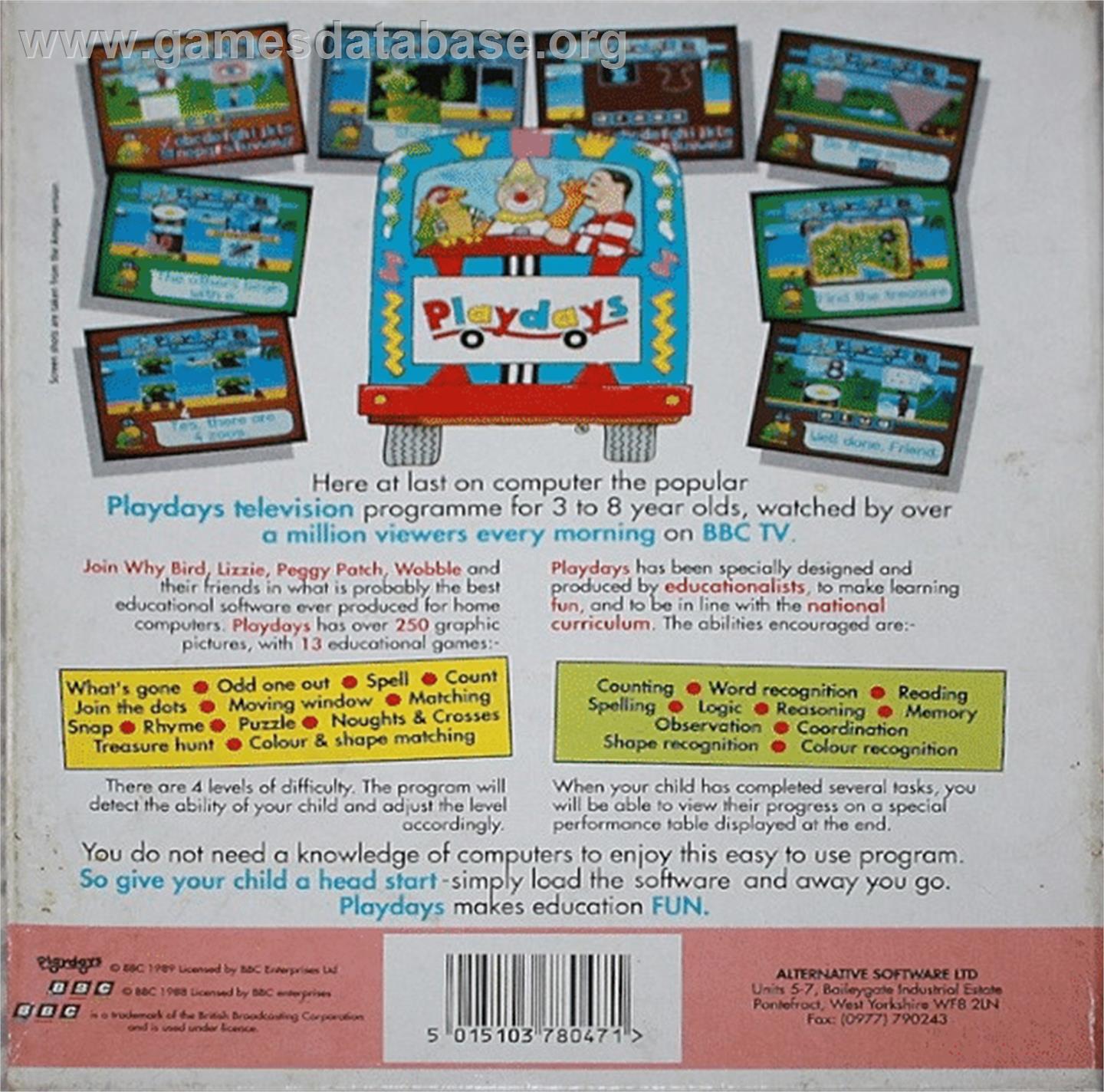 Playdays - Commodore 64 - Artwork - Box Back