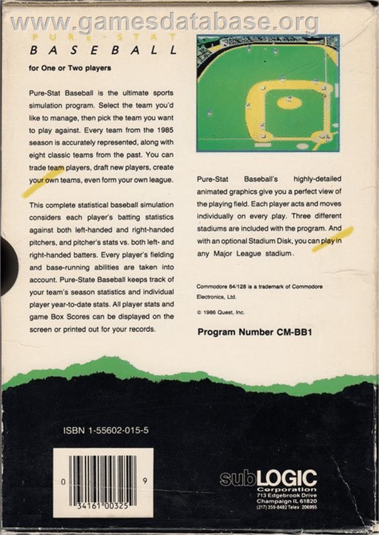Pure-stat Baseball - Commodore 64 - Artwork - Box Back