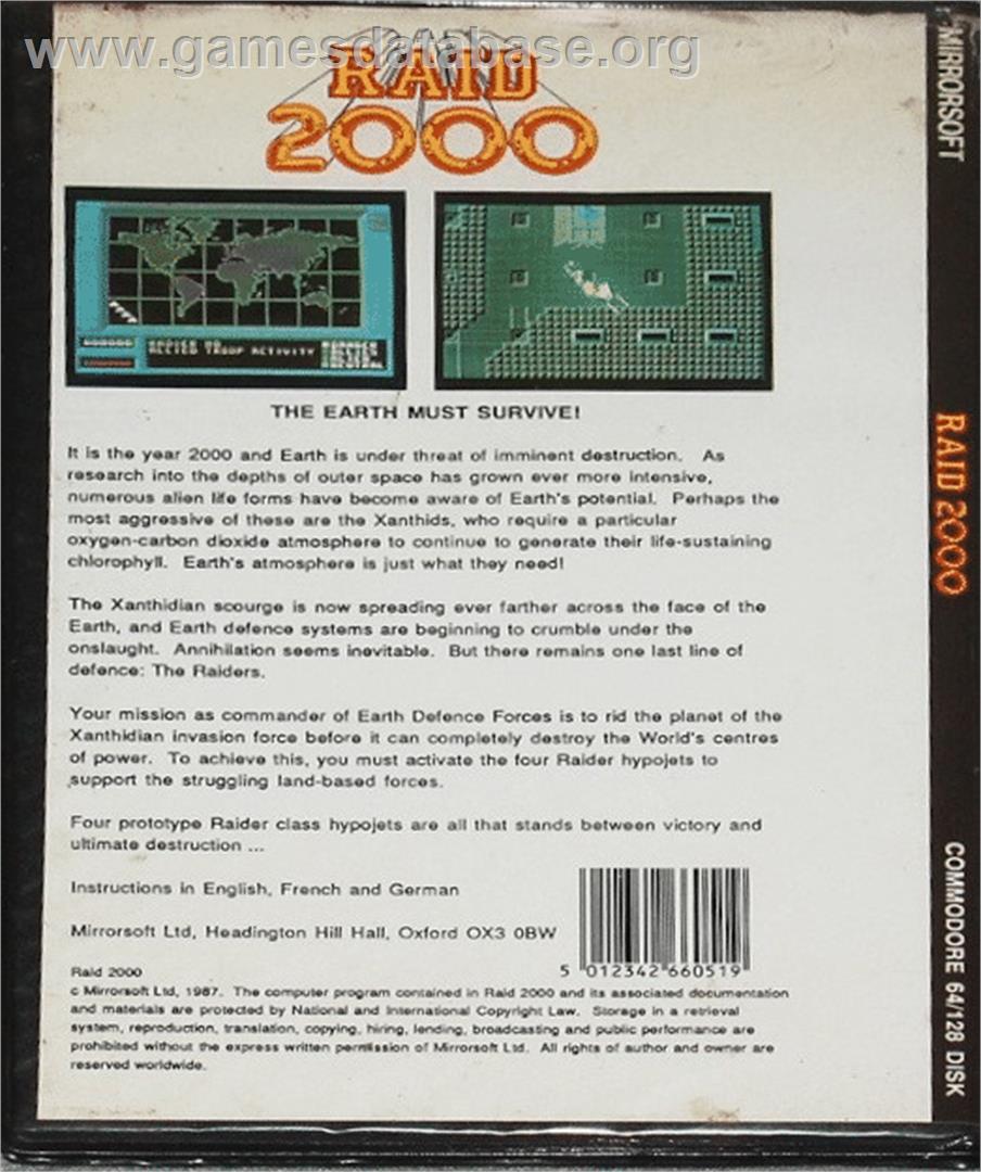 Raid 2000 - Commodore 64 - Artwork - Box Back