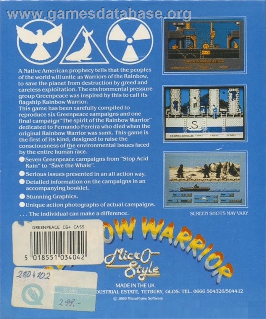 Rainbow Warrior - Commodore 64 - Artwork - Box Back