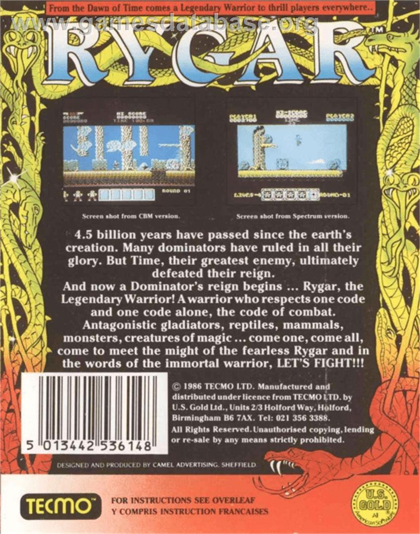 Rygar - Commodore 64 - Artwork - Box Back