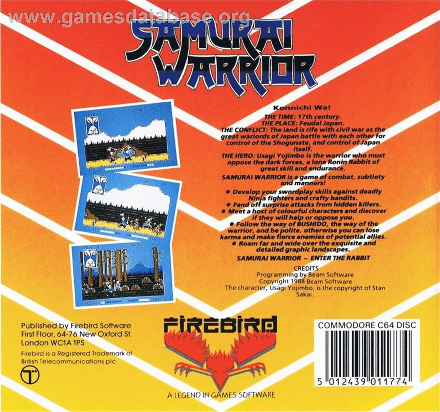 Samurai Warrior - The Battles Of Usaji Yojimbo - Commodore 64 - Artwork - Box Back