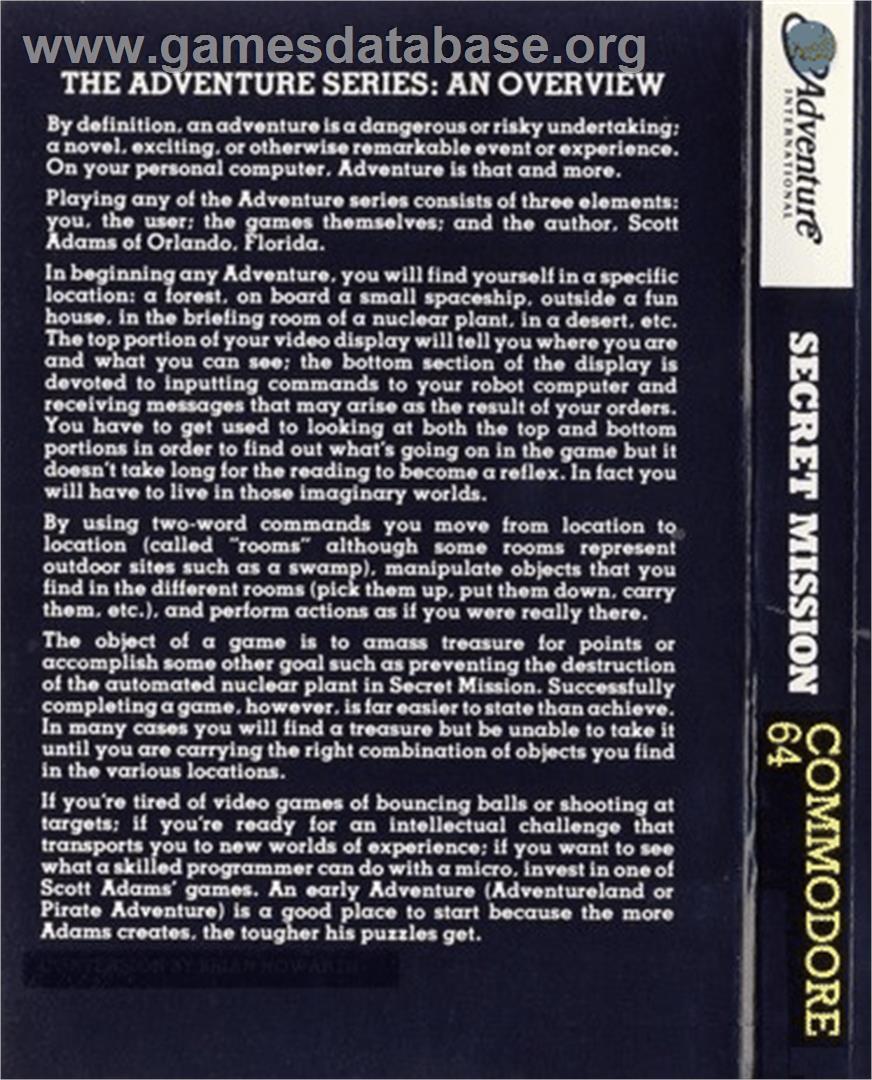 Secret Mission - Commodore 64 - Artwork - Box Back