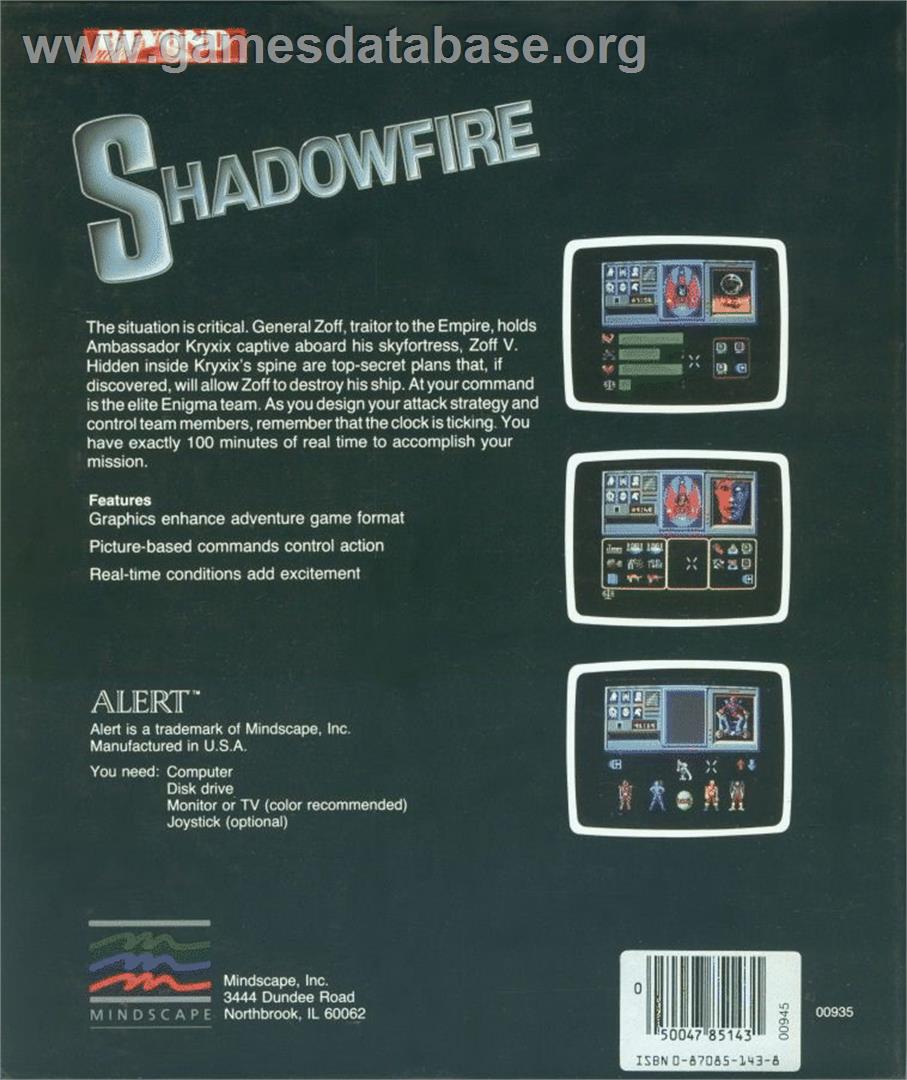 Shadowfire - Commodore 64 - Artwork - Box Back