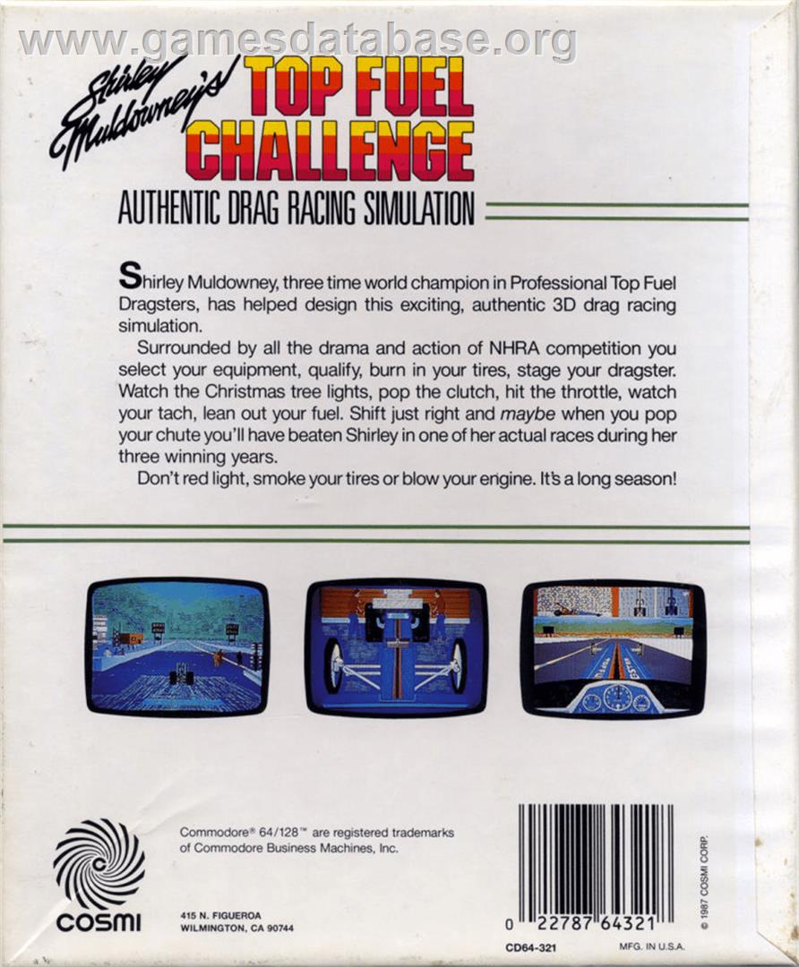 Shirley Muldowney's Top Fuel Challenge - Commodore 64 - Artwork - Box Back