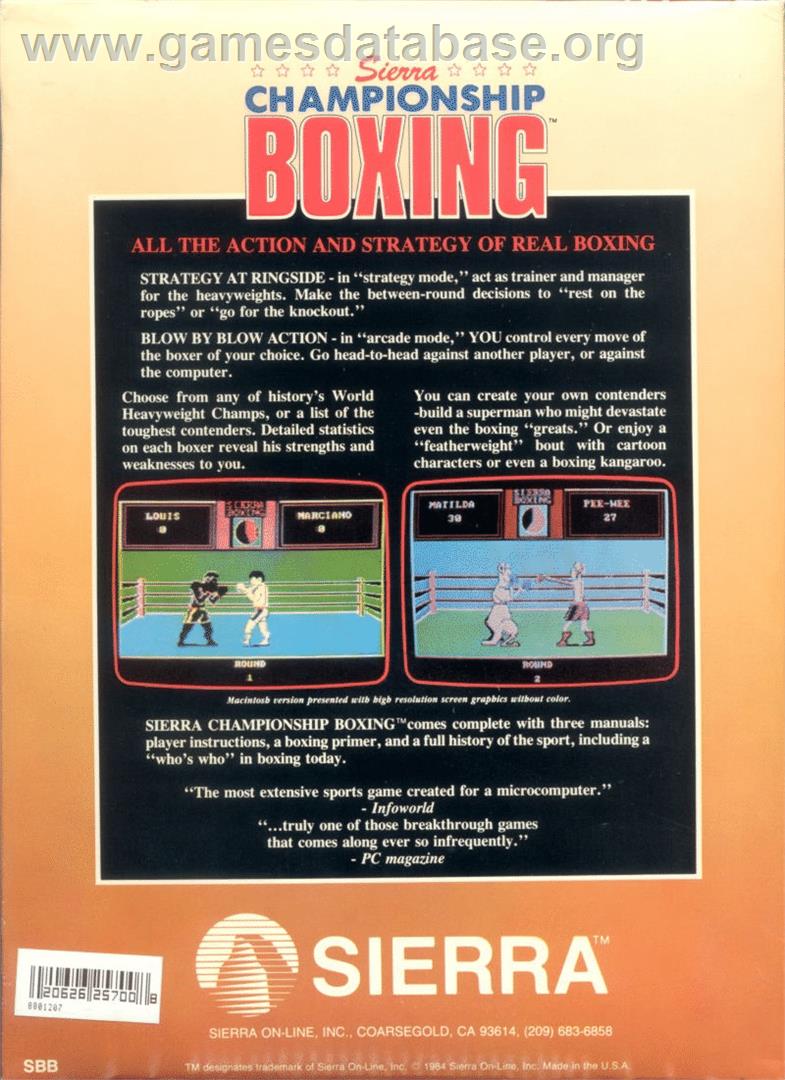 Sierra Championship Boxing - Commodore 64 - Artwork - Box Back