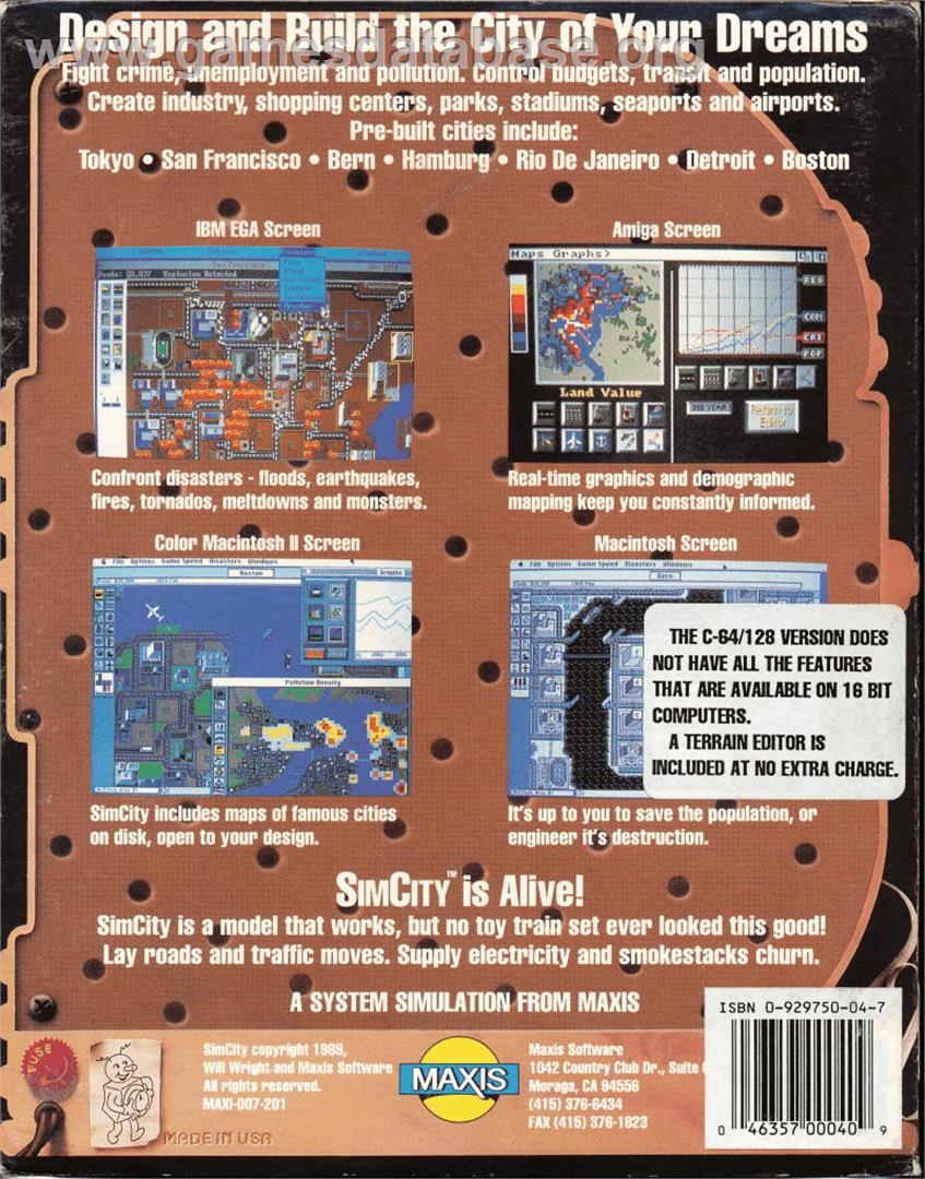 SimCity - Commodore 64 - Artwork - Box Back