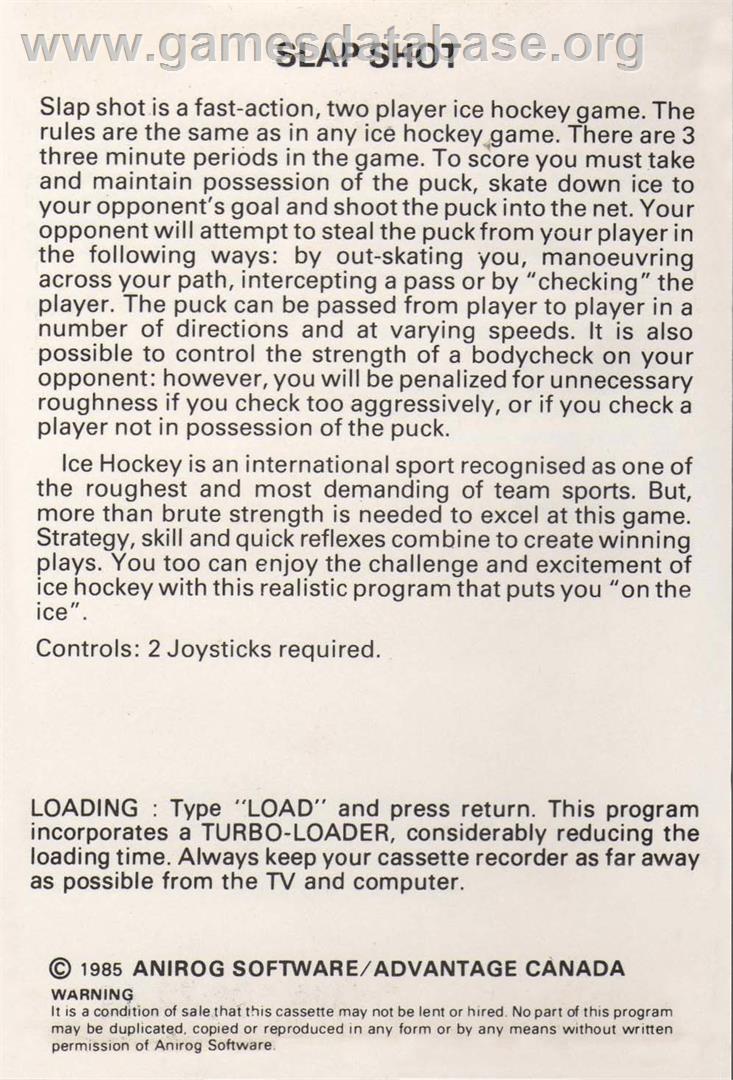 Slap Shot (Compute!) - Commodore 64 - Artwork - Box Back