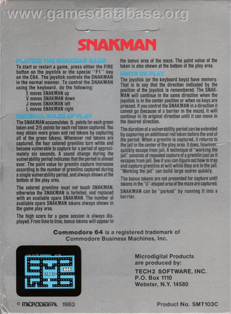 Snakman - Commodore 64 - Artwork - Box Back
