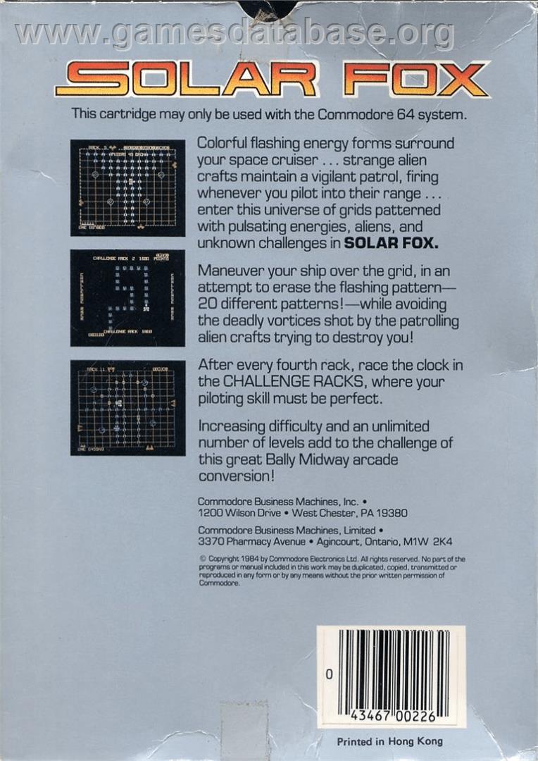 Solar Fox - Commodore 64 - Artwork - Box Back