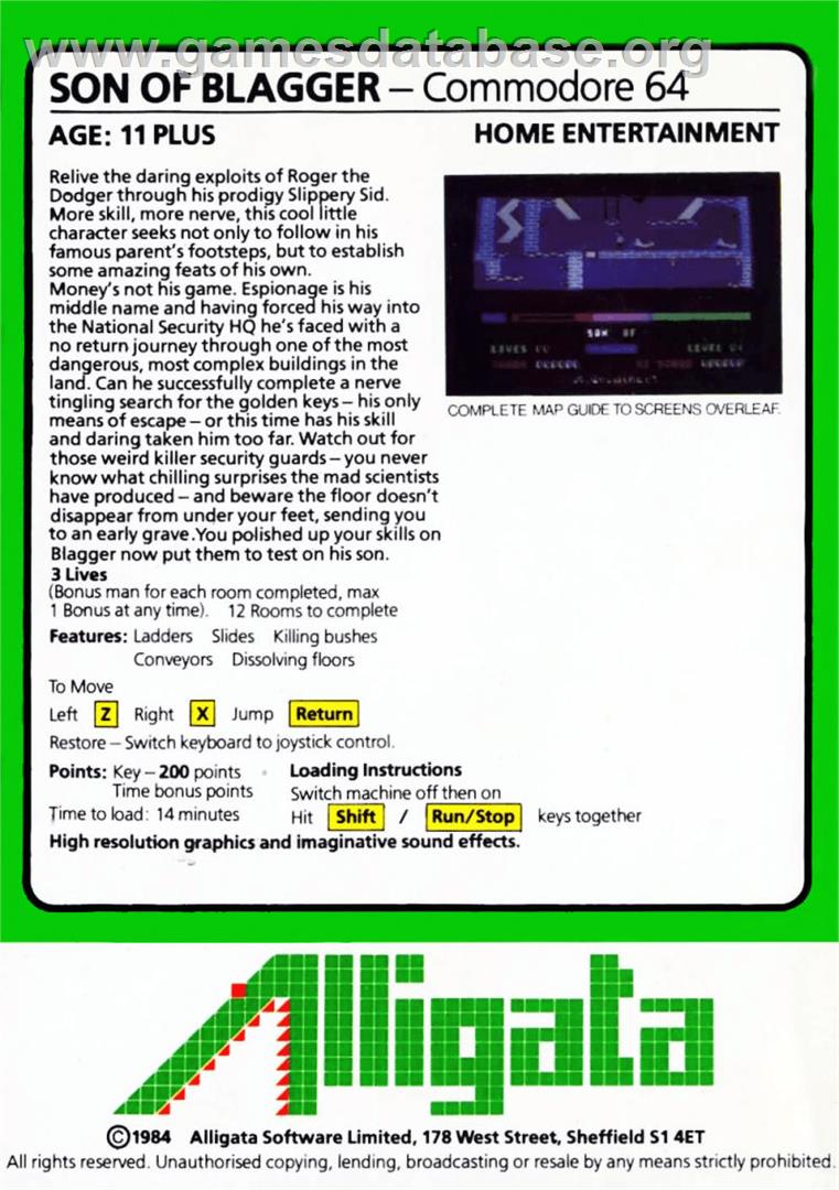Son of Blagger - Commodore 64 - Artwork - Box Back