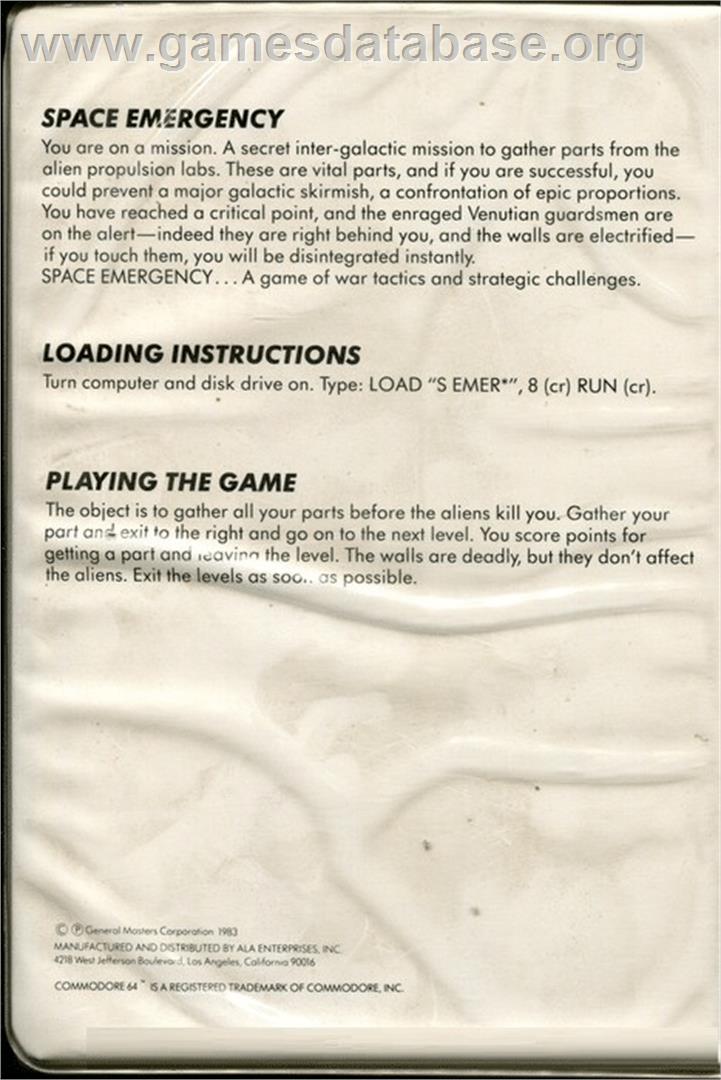 Space Emergency - Commodore 64 - Artwork - Box Back