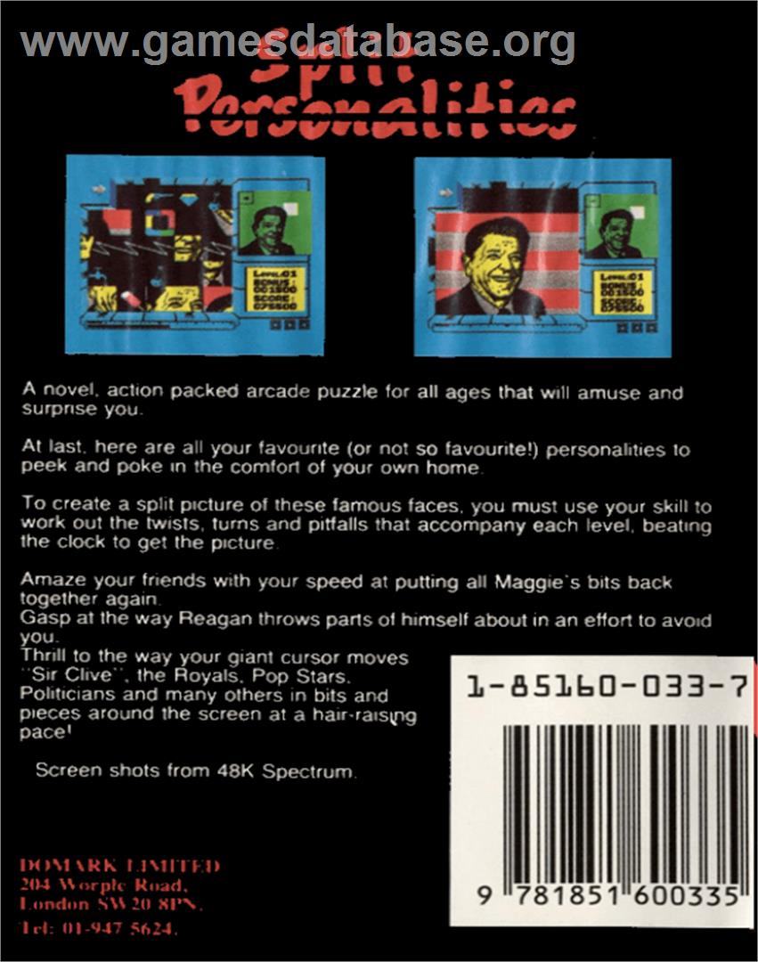 Split Personalities - Commodore 64 - Artwork - Box Back