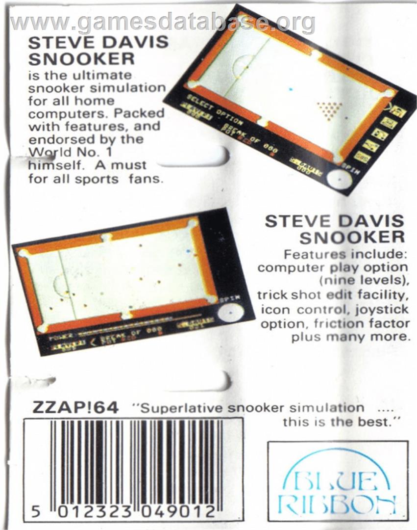 Steve Davis Snooker - Commodore 64 - Artwork - Box Back