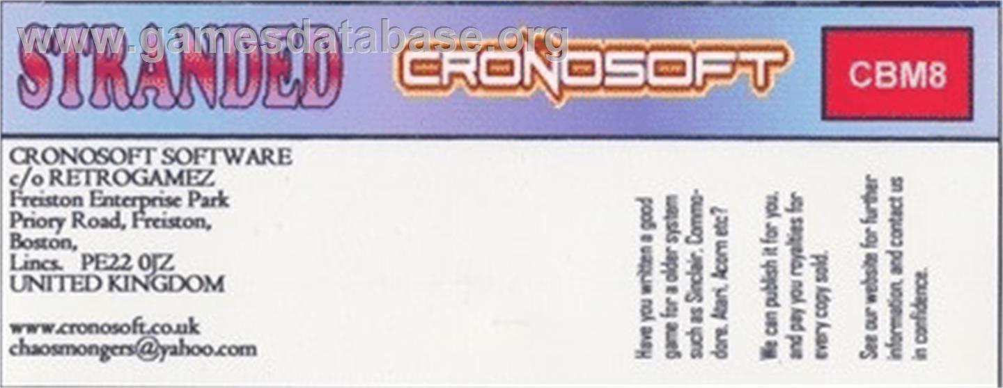 Stranded (Cronosoft) - Commodore 64 - Artwork - Box Back