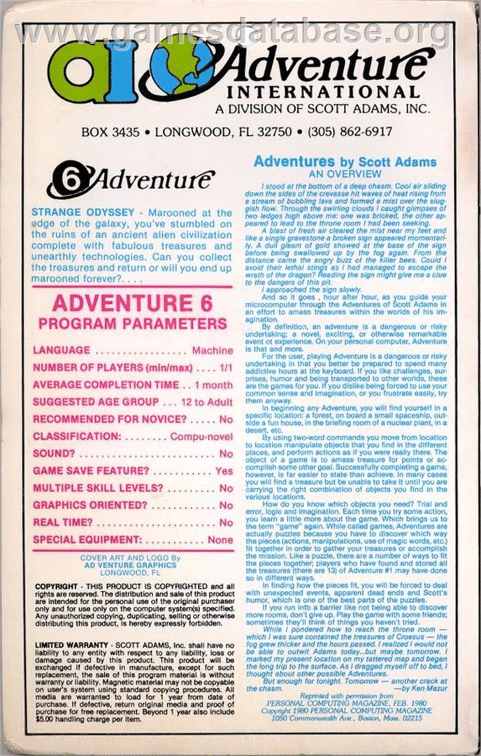 Strange Odyssey - Commodore 64 - Artwork - Box Back
