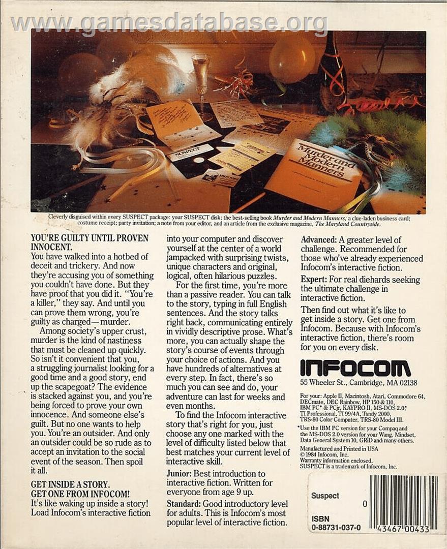 Suspect - Commodore 64 - Artwork - Box Back