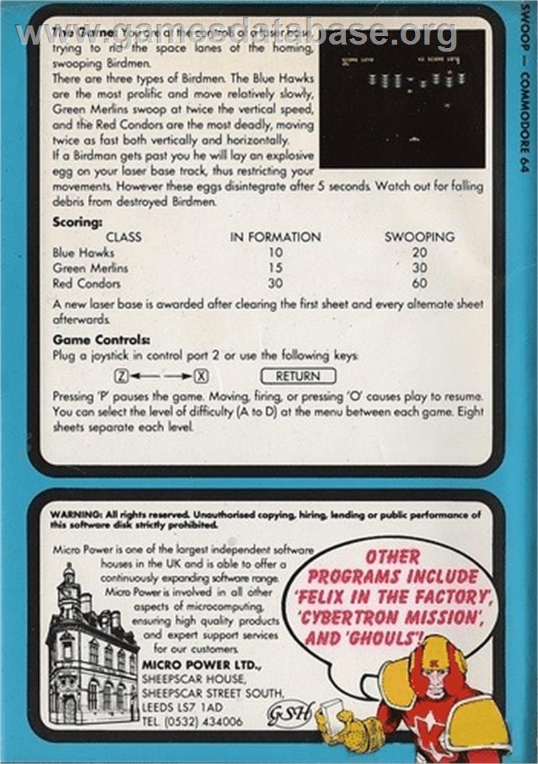 Swoop (Ahoy!) - Commodore 64 - Artwork - Box Back