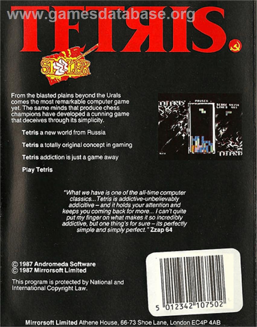 Tetris (Barfly) - Commodore 64 - Artwork - Box Back
