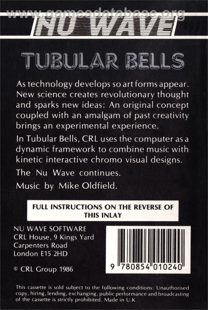 Tubular Bells - Commodore 64 - Artwork - Box Back