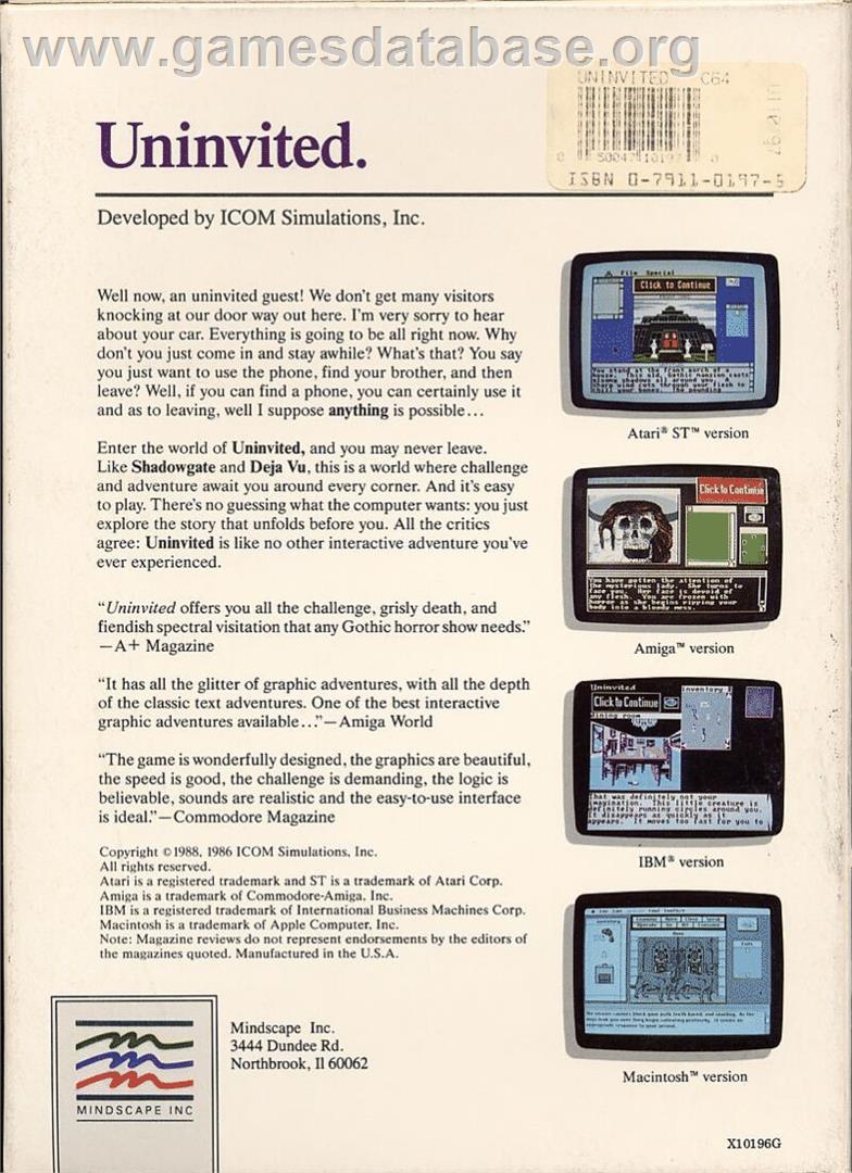 Uninvited - Commodore 64 - Artwork - Box Back
